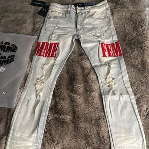 Homme+Femme men’s denim distressed red lettering jeans size 28 BRAND NEW